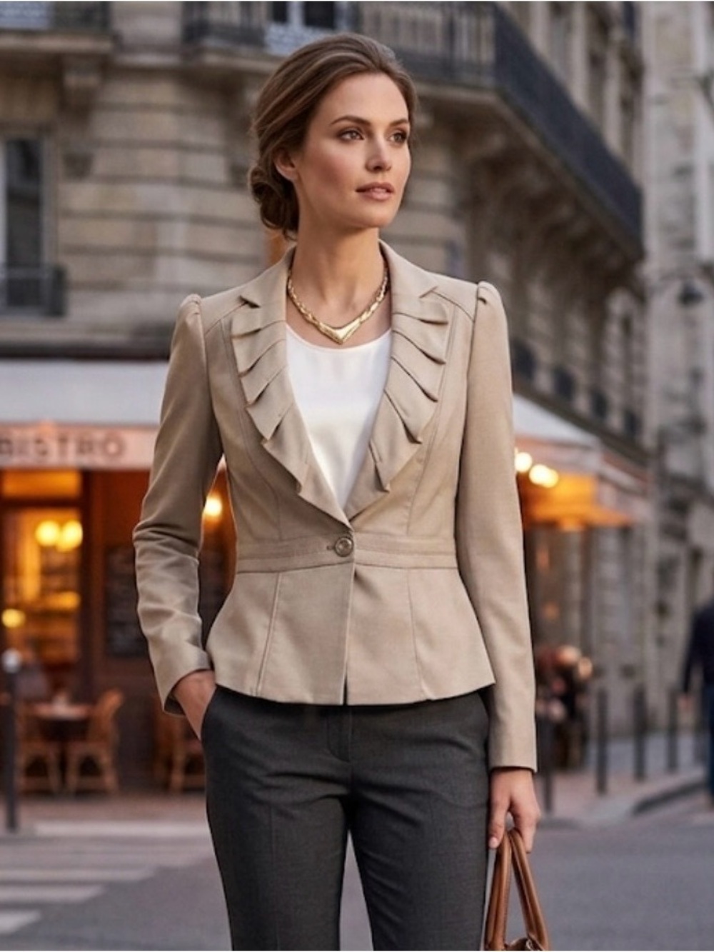 WHITE /BLACK Beige Ruffle-Lapel Tailored Blazer SIZE 4